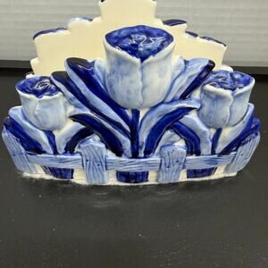Vintage Delft Blue Hand Painted Ceramic Napkin Holder Tulips Blue White